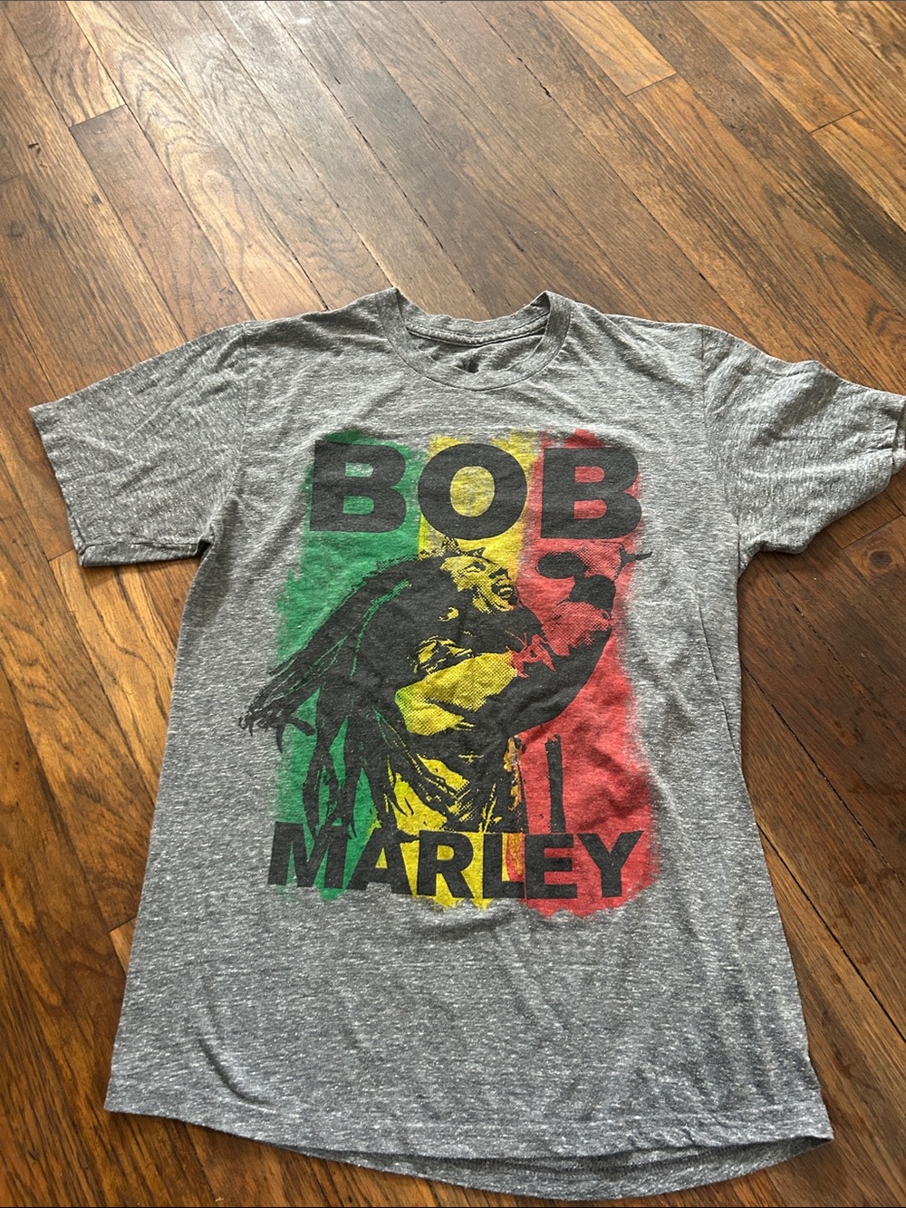 Zion Rootswear Bob Marley Graphic Tee - Gray with Green/Yellow/Red Print